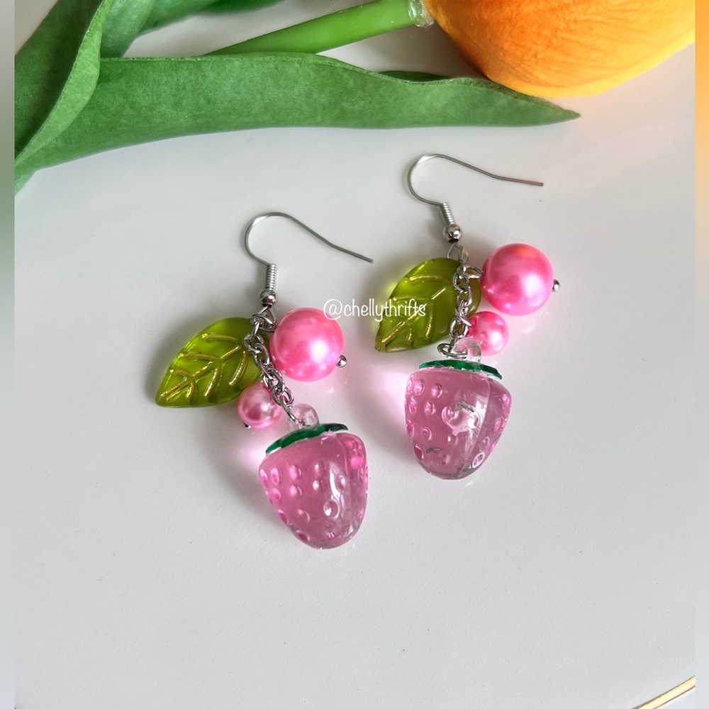 Pink Strawberry Dangly Earrings - Picture 2 of 4